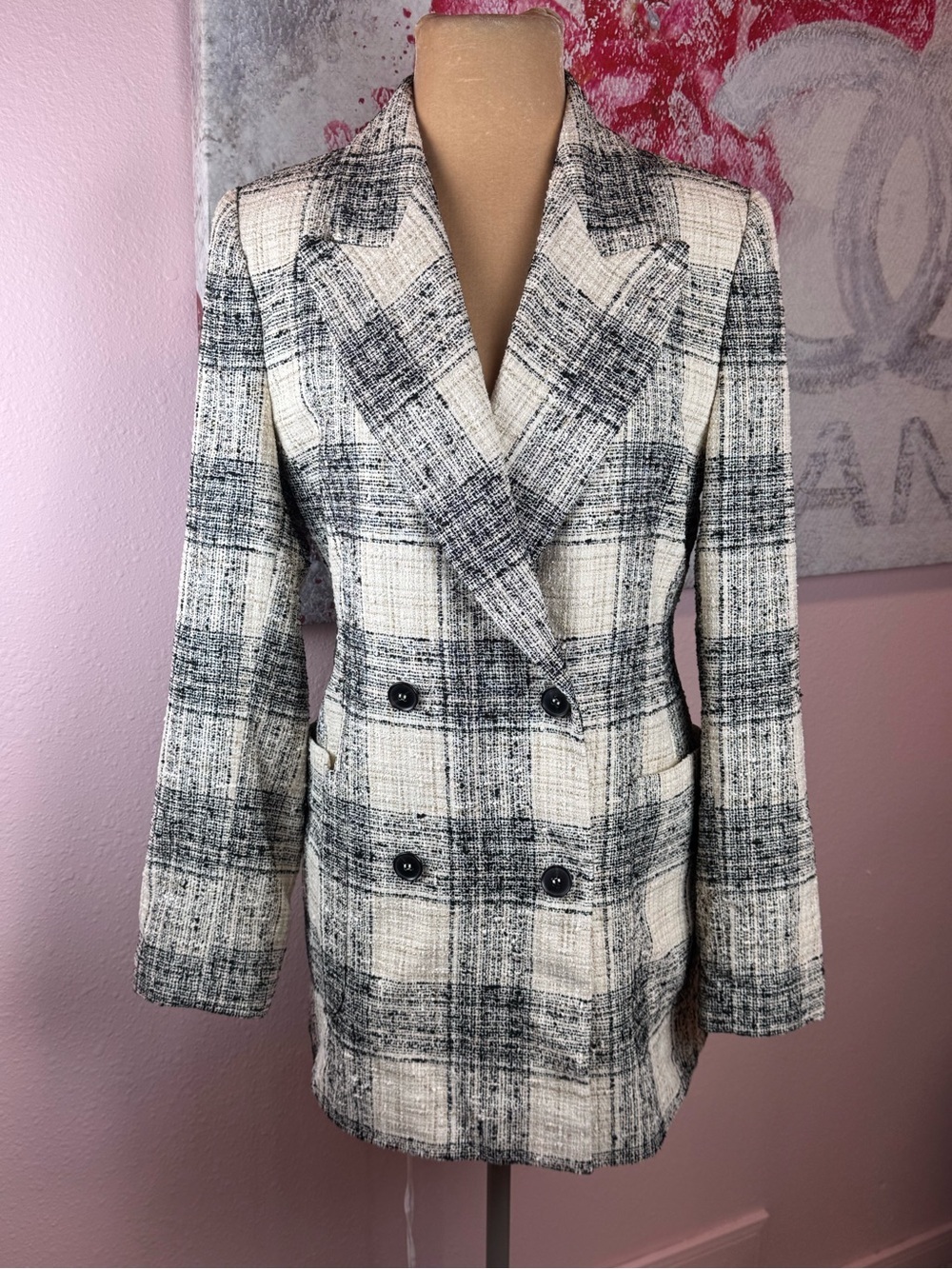 Essential Antwerp Plaid Double-Breasted Women's Blazer Jacket - Black & Cream - Picture 2 of 15